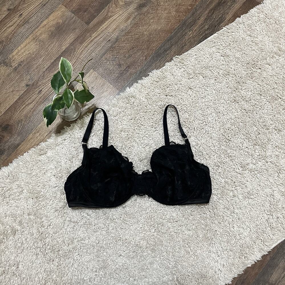 Aerie Size 36DD Black Green Floral Lace Unlined Underwire Show Off Demi Bra
